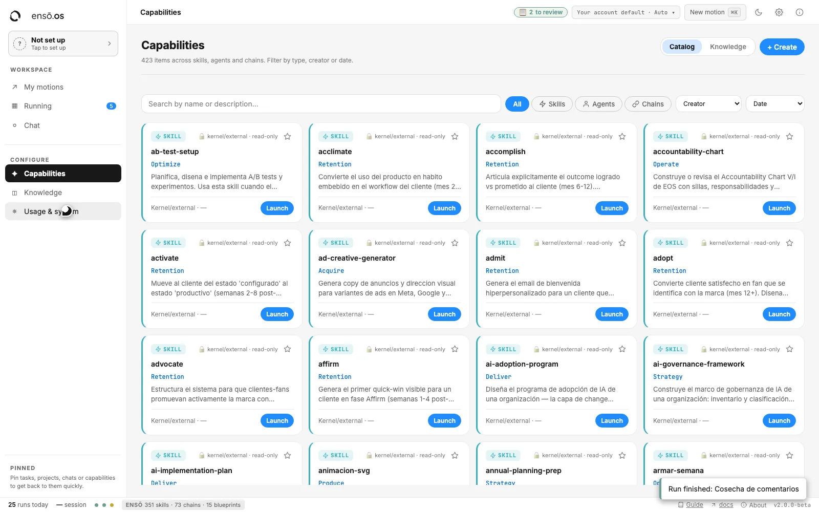 The ENSO OS Capabilities catalog: skills, agents and chains organized by job, each with a Launch button